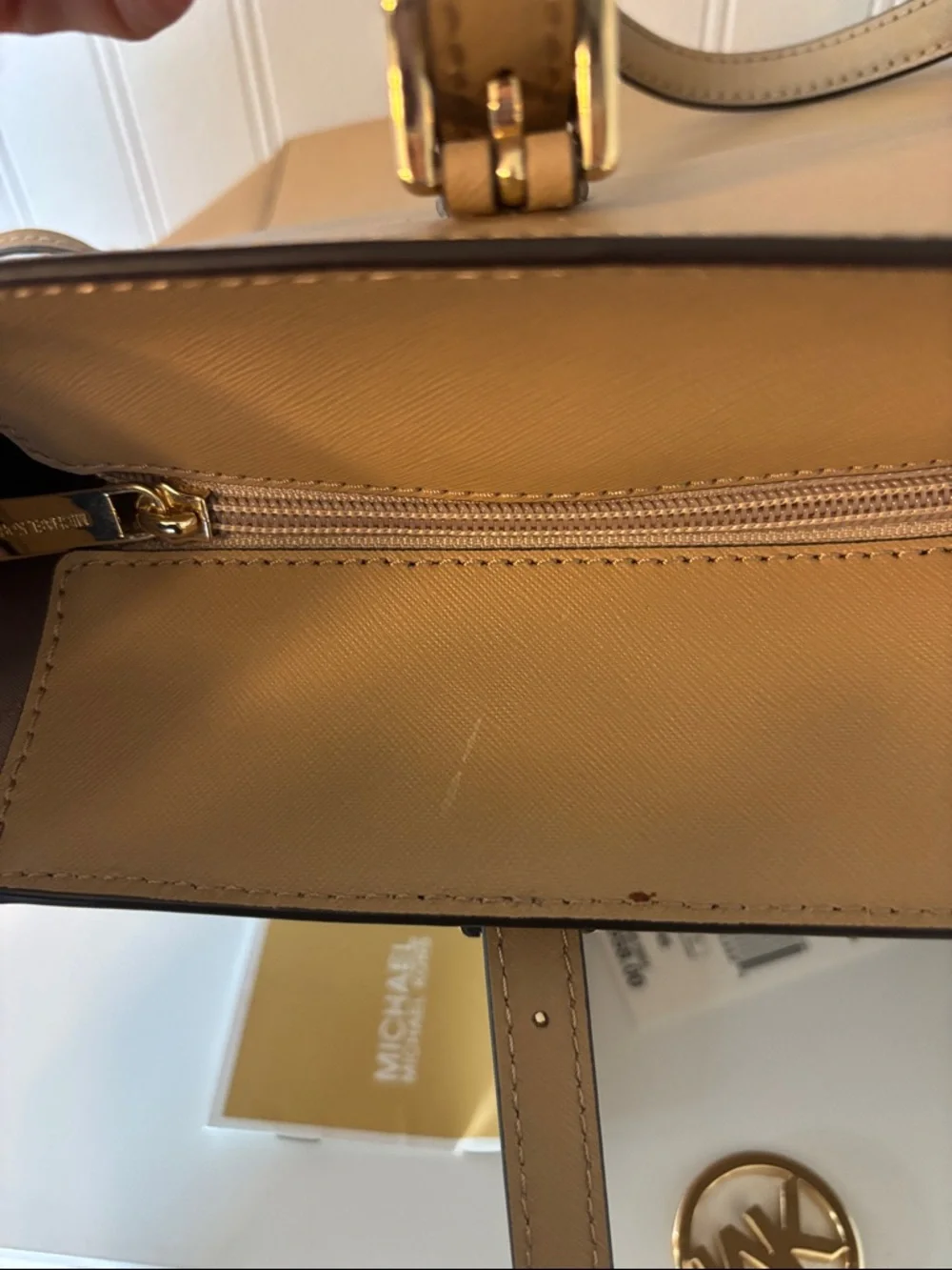 Michael Kors Gilly Camel Leather Tote with Gold MK Charm